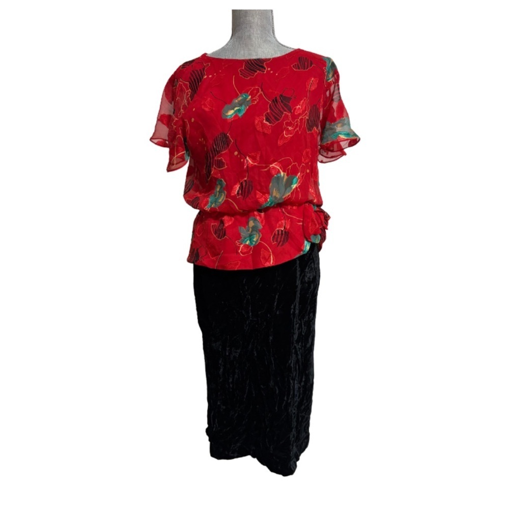 Romantic Red Sheer Floral Blouse & Velvet Skirt Set | Mob Wife Vintage Vibes